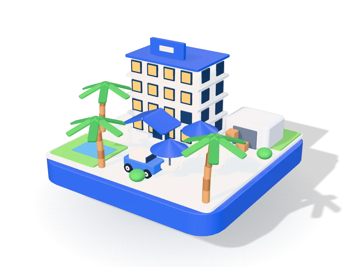 A toy-like hotel on a blue block: white floors with lit windows, a blue roof, palm trees, a pool, sun umbrellas and a blue car at the door.