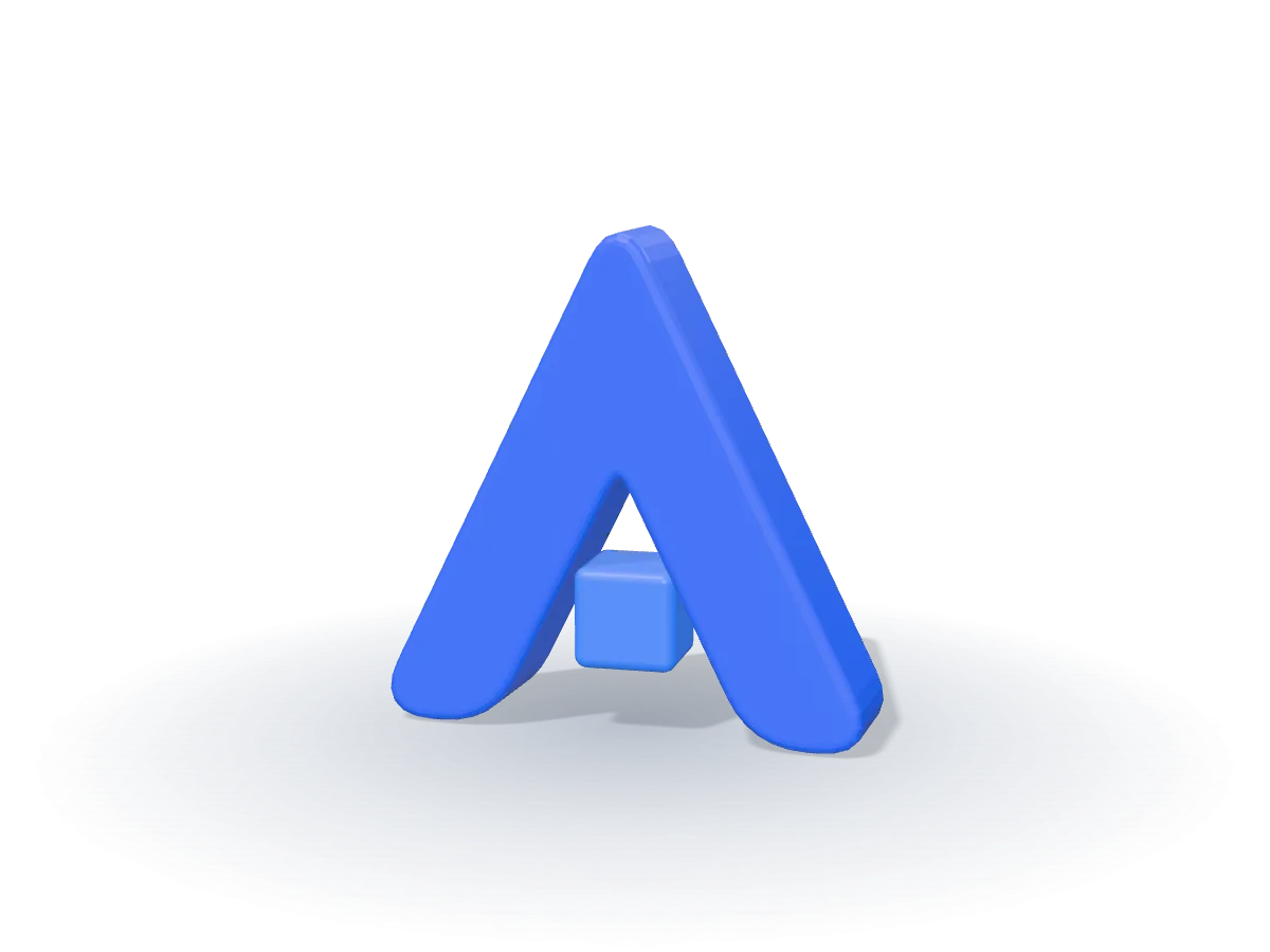 The Alpha A in glossy blue 3D: a rounded chevron with a square block sitting inside it.